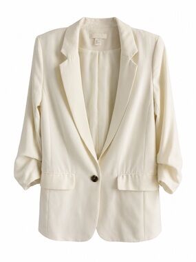 H&M Cream Ruched Sleeve Blazer Jacket with Shoulder Pads Size 6